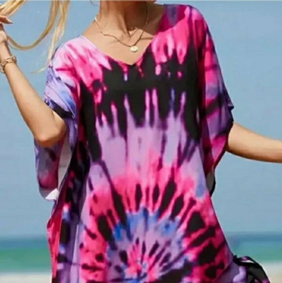Kaftan Tie Dye Dress Swim Cover Up Maxi Loungewear OS L XL 1X NEW 💜 Last 1 - Picture 3 of 9